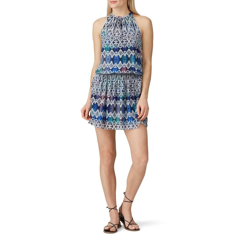 Ramy Brook Mini Dress Womens M Blue Ikat Print Smocked Waist Halter Boho Tech